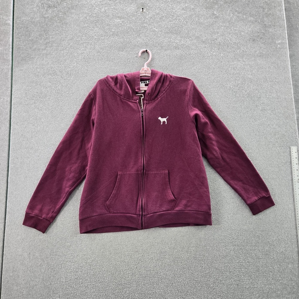 PINK Victoria's Secret Women Hoodie L Burgundy Embroidered Fleece Dog READ